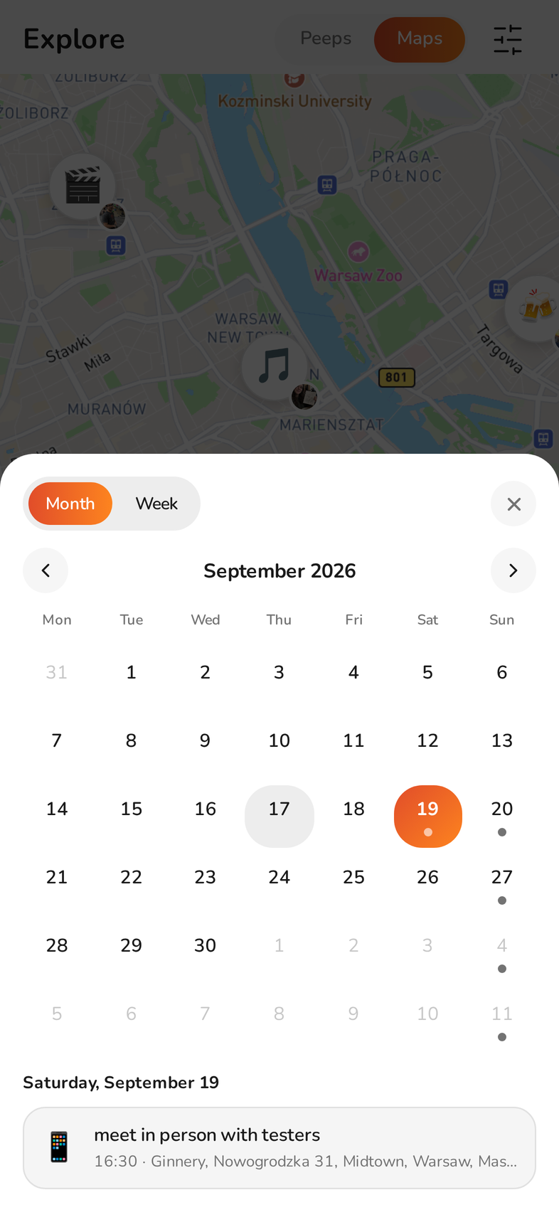 The month view in the Peeps app, so a repeat date is visible before you announce it (demo data)