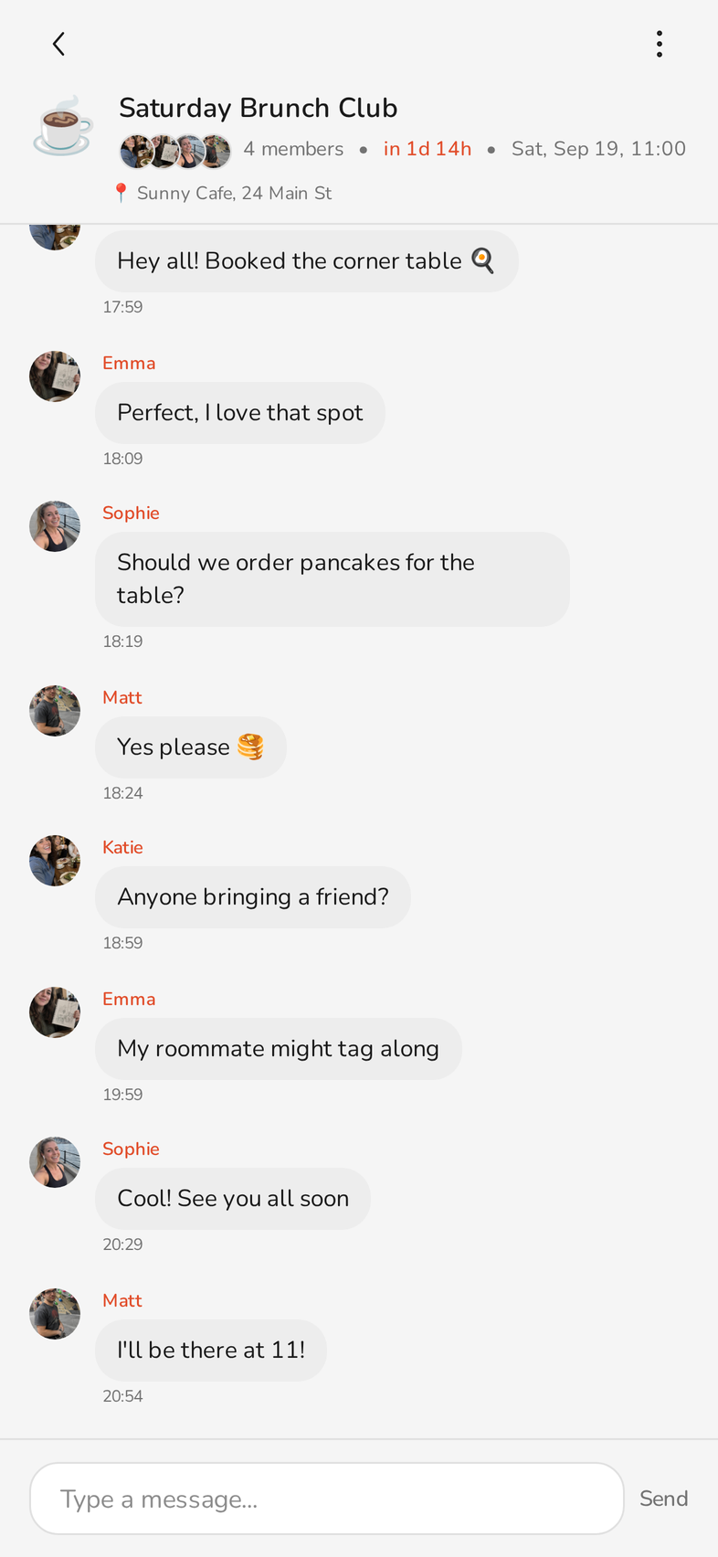 A recurring event keeps its own group chat between meetings (demo data)