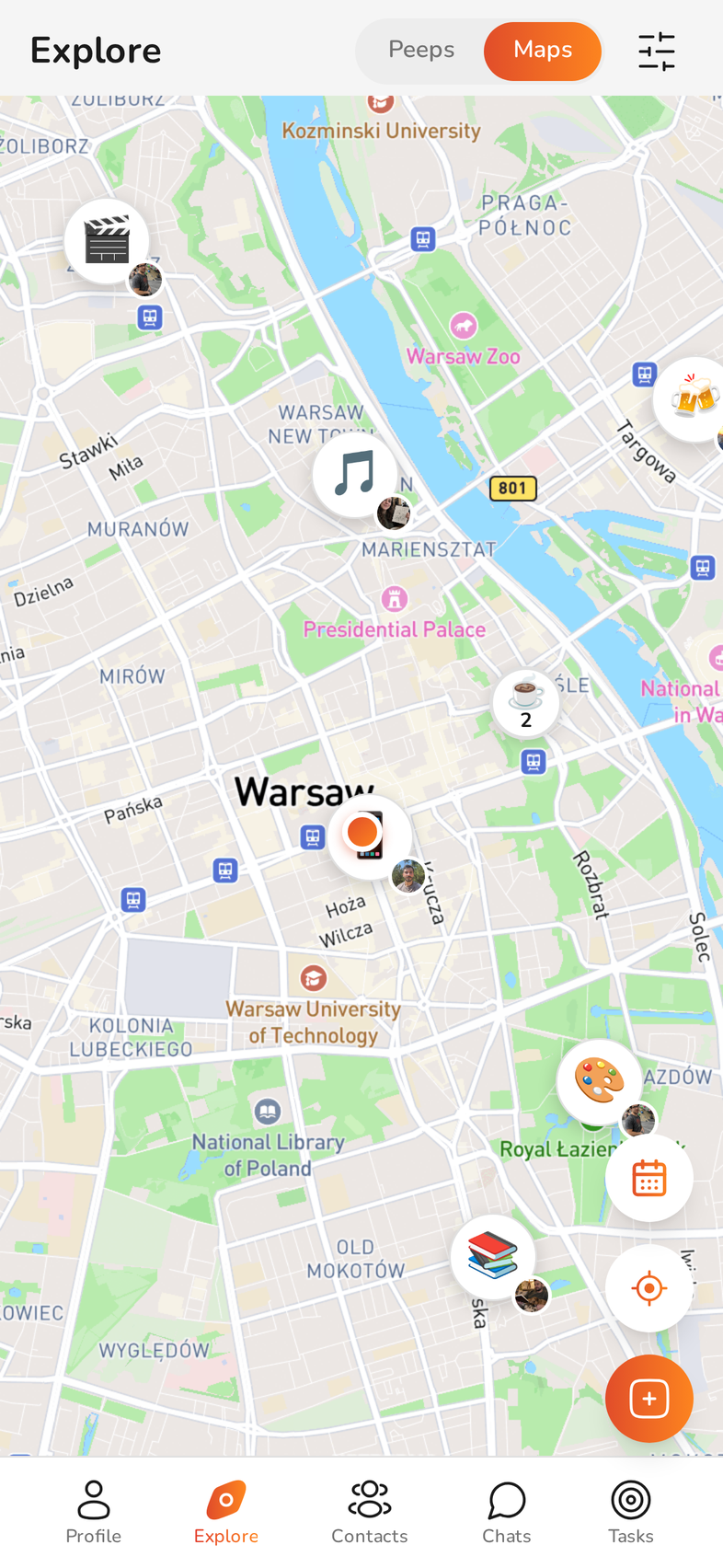 Events near you on the map in the Peeps app, shown here with demo data